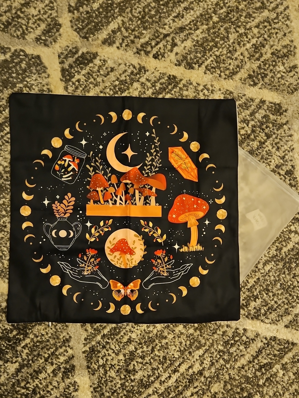 Celestial Mushroom Square Throw Pillow And Cover - Black & Orange/Red/Pink